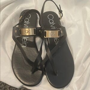 Calvin Klein Black Leather Sandals with Gold CK Plate